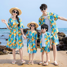 2024夏季新款沙滩款亲子装一家四口港风连衣裙休闲短袖套装