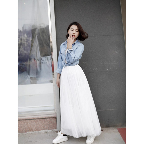 Cherry Blossom and Summer Net Sheath Dress with Medium Length Semi-Skirt Korean Style High-Waist Slimming Matchable A-Word Pleated Pom-pom Sheath Dress