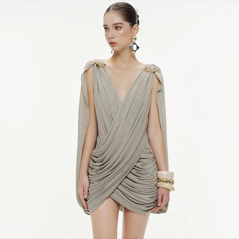 2025 European and American Autumn New Cross-Border Fashion Sexy V-Neck Irregular Dress with Solid Color Sleeves for Women