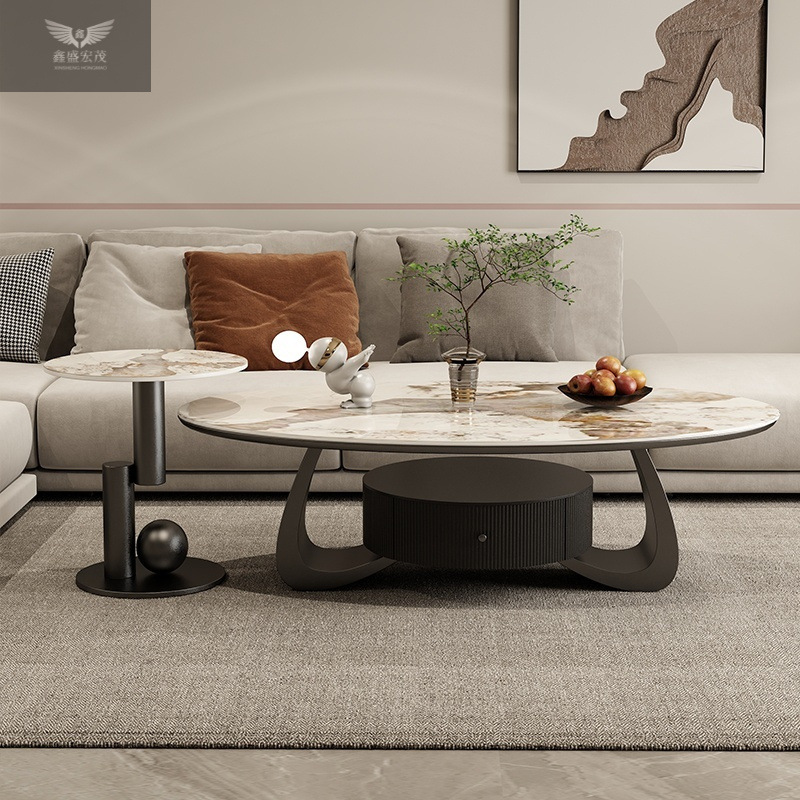 Salón de estar de estilo doméstico mesa de té de tabla de roca de lujo ligera moderna combinación de tamaño oval simple diseñador con tabla de borde