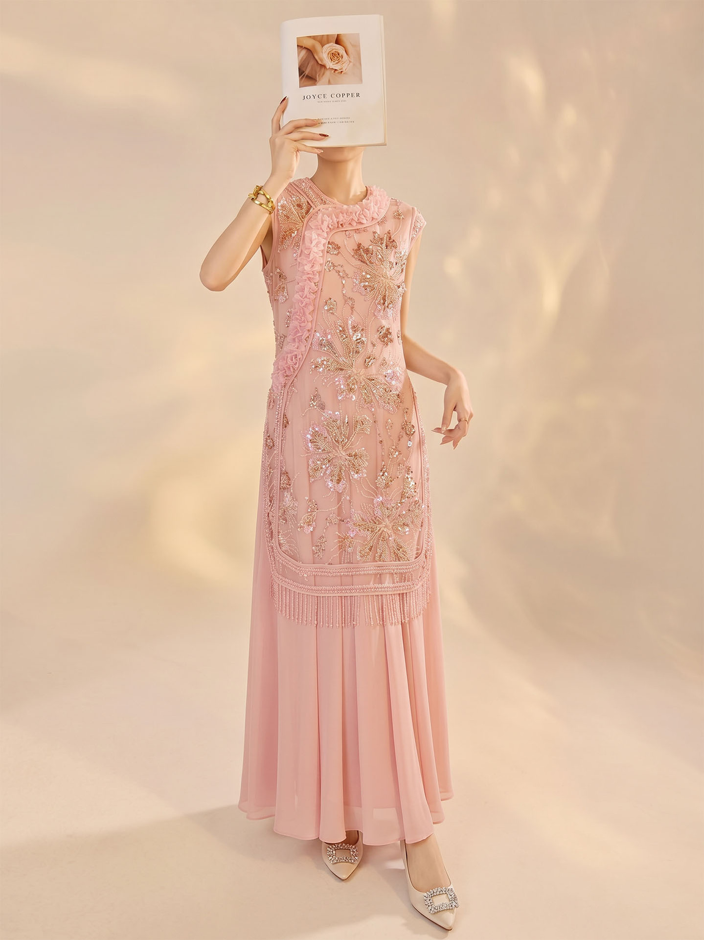 Đầm maxi nữ thêu hoa cao cấp kiểu mới — màu hồng