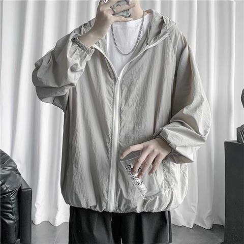 Men's summer thin white plus size hooded top with Hong Kong style loose casual sports sun protection jacket
