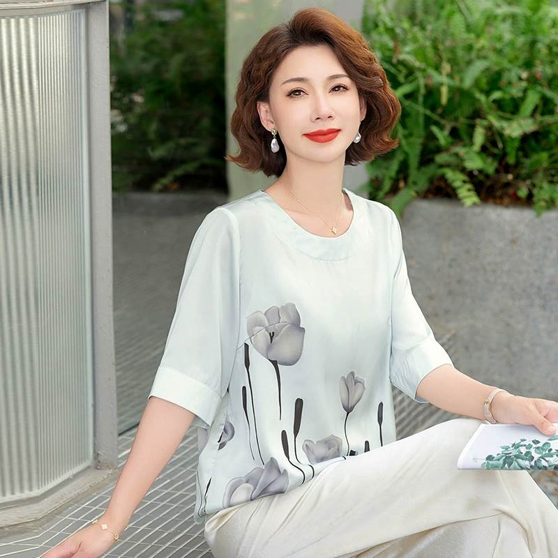 Летняя футболка с короткими рукавами для мам среднего возраста, новинка 2025 года, женские топы среднего и пожилого возраста, шифоновая рубашка с принтом