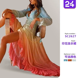 2027跨境欧美跨境外贸女装ebay亚马逊深V长袖渐变印花连衣裙长裙