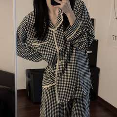 黒い格子のパジャマの女性の春と秋の夏のかわいいins風の長袖の学生の甘い部屋の服の2つのセット
