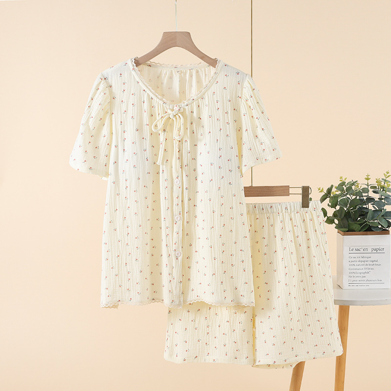 Pajamas Women's Summer New Crepe Pure Cotton Short-sleeved Shorts Home Wear with Chest Pad Anti-bump Home Wear Factory Batch