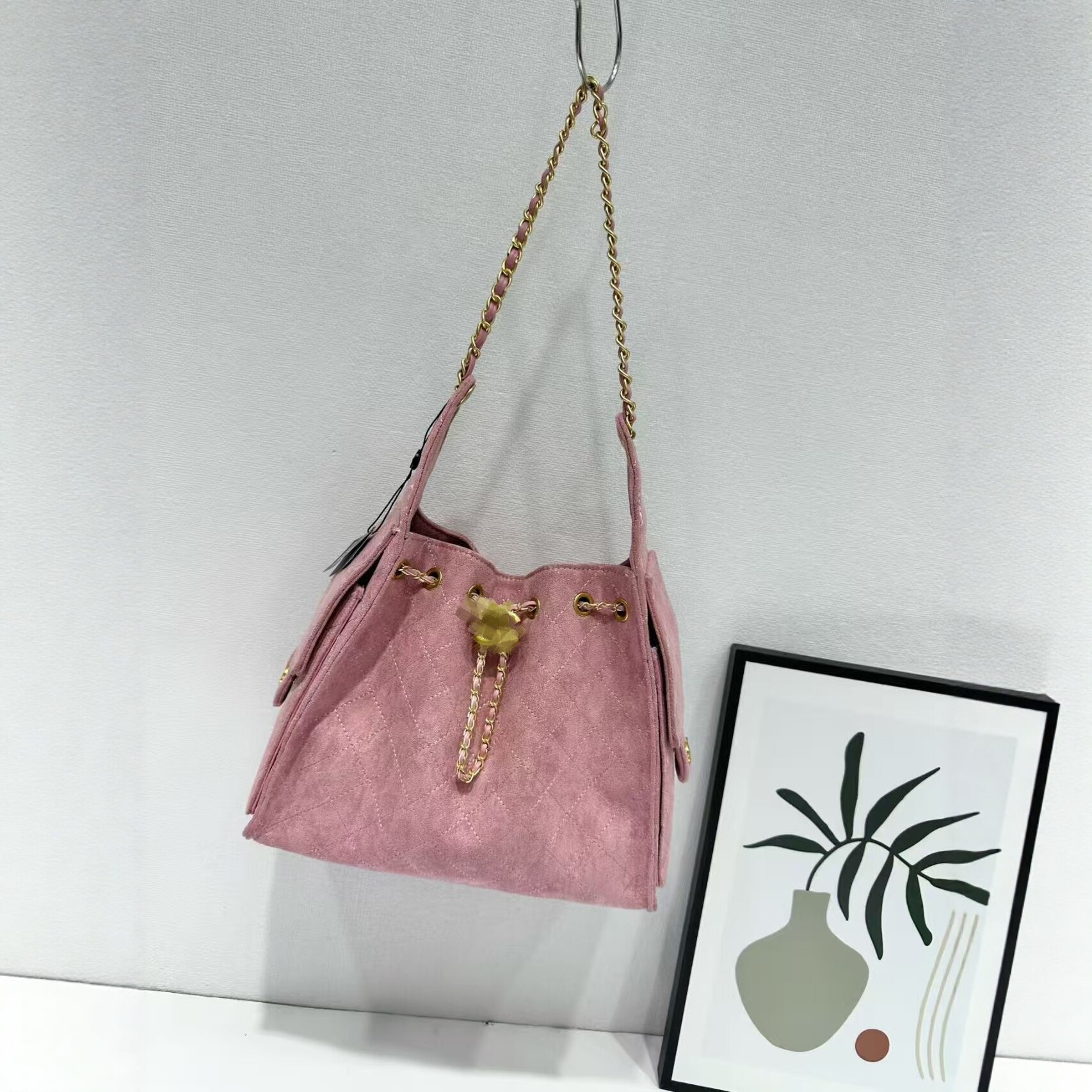 25bag New Suede Quilted Chain Bucket Bag For Women Drawstring Shoulder Crossbody Bag Fashion Retro Underarm Bag - Thumbnail 4
