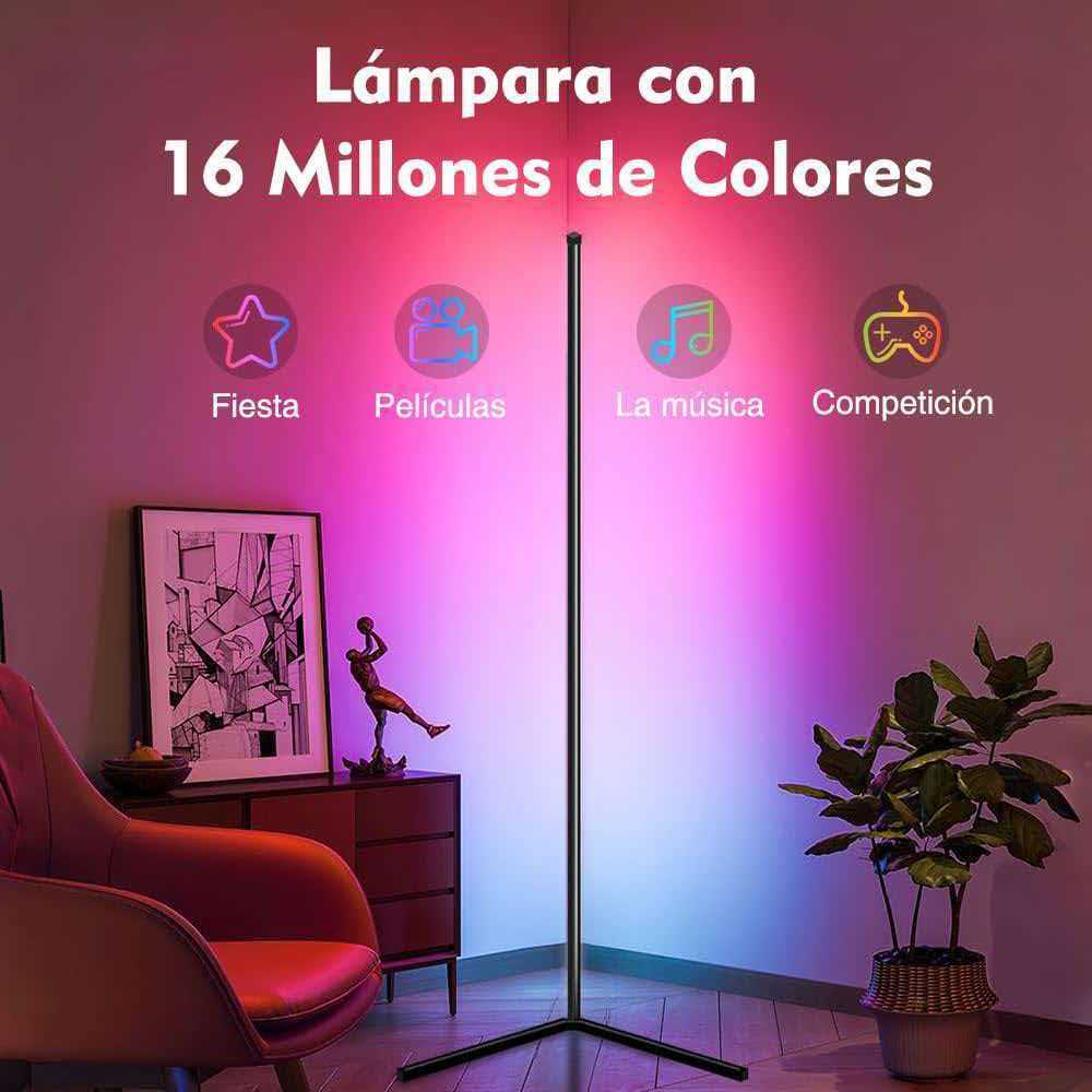 Lámpara LED de Pie de Esquina RGB de 3 Secciones con Control Remoto de 24 Teclas, Bluetooth y App, de Aluminio