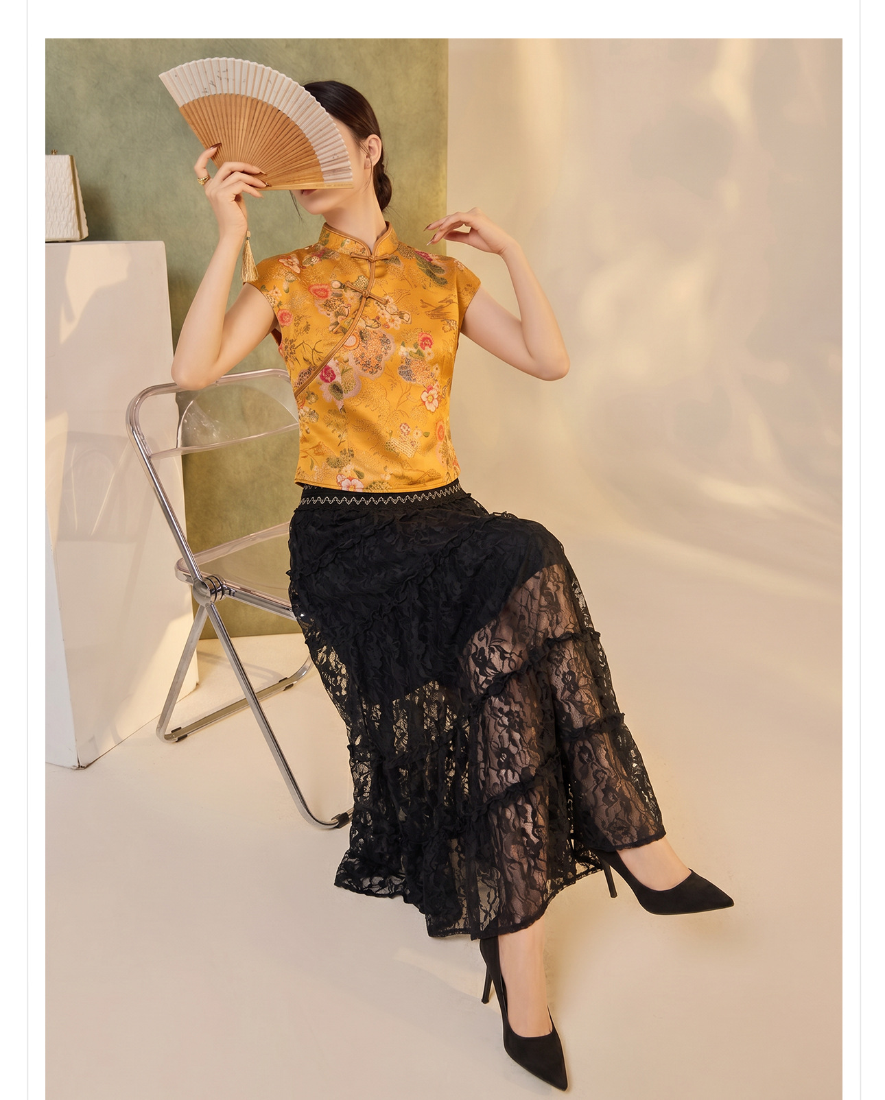 Váy dài ren cao eo nữ — Mực đen, Gạo trắng chi tiết 9