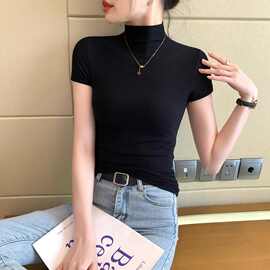 黑色螺纹半高领短袖t恤女2026夏新款时尚百搭打底衫针织紧身上衣