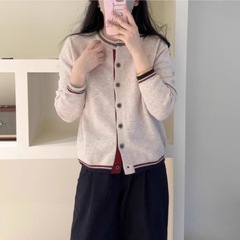 英伦雾灰拼色开衫毛衣外套内搭女款宽松显瘦圆领针织衫上衣外搭女