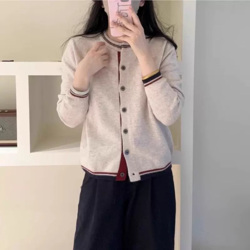 英伦雾灰拼色开衫毛衣外套内搭女款宽松显瘦圆领针织衫上衣外搭女