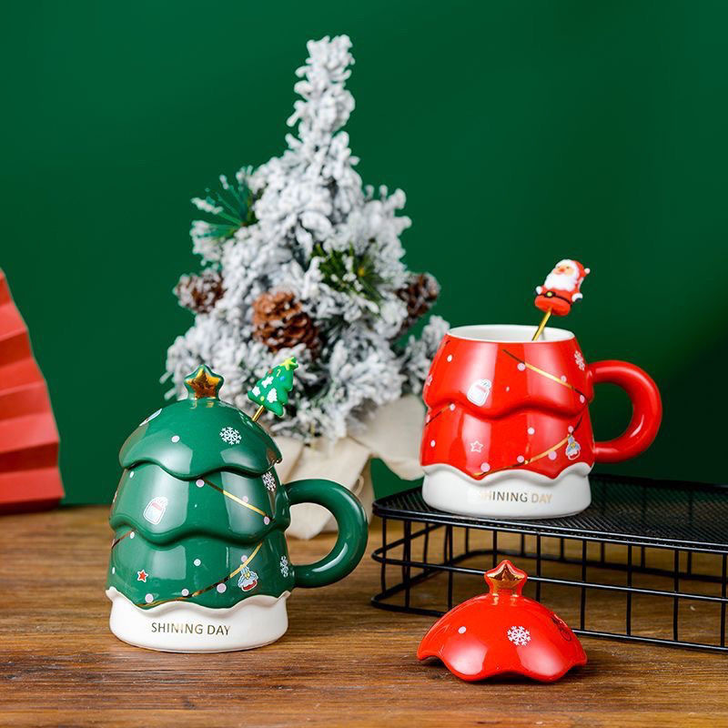 Taza navideña creativa, taza de cerámica con tapa y cuchara, taza para beber, taza de alta gama, taza de gran capacidad con diseño de árbol de Navidad
