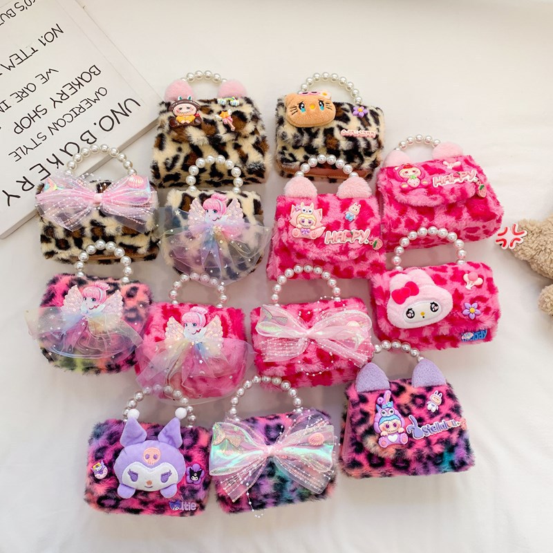 Nuevo leopardo arco bolso infantil peluche princesa de dibujos animados chica bolso de perlas bolso de hombro monedero