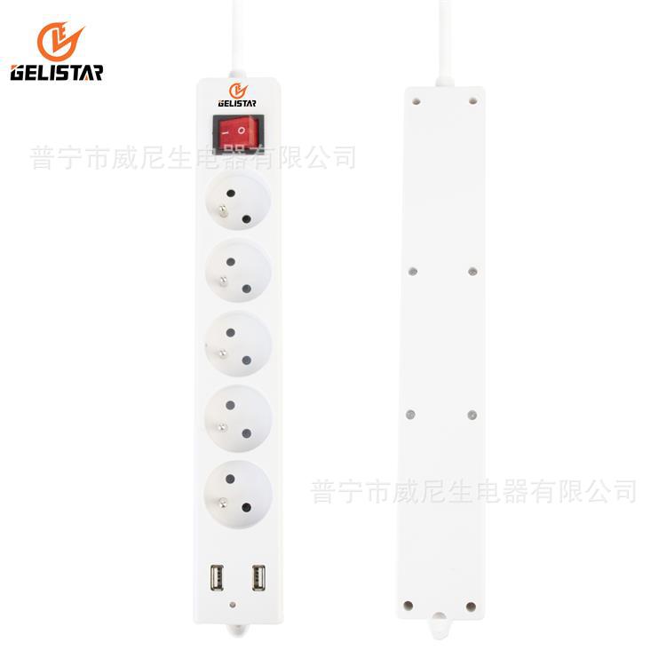 工厂直销跨境5位法式插排排插欧规大功率带开关双USB接口外贸接线