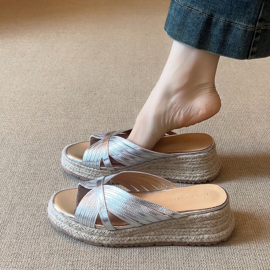 Fashionable straw retro sandals wedge heel