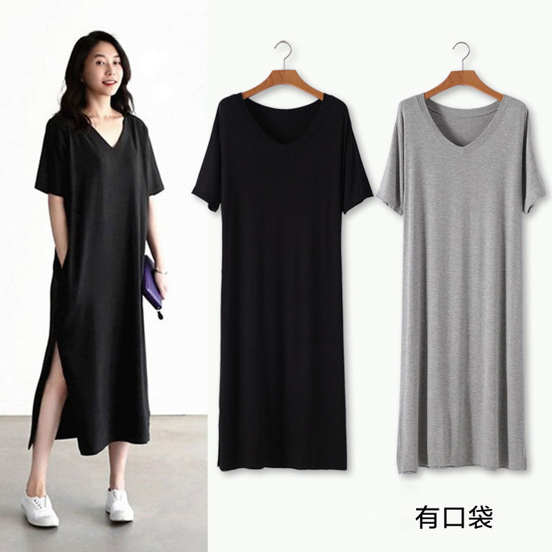 2026 Summer New Women's Modal Short-Sleeve V-Neck Mid-Length Slim-Fit European and American Cross-Border Dress Wholesale