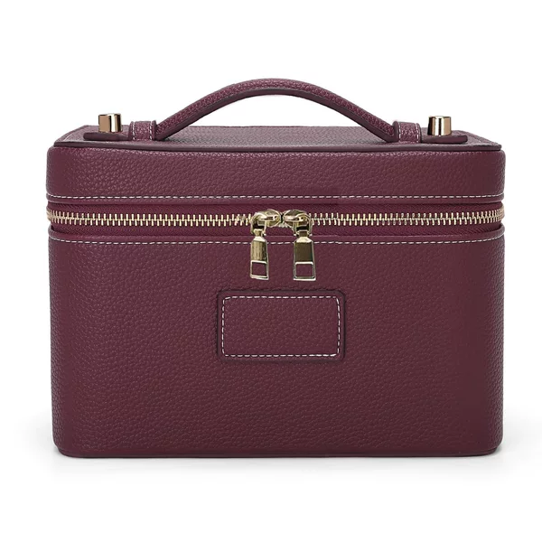 New Cross-Border Style Lychee-Patterned Portable Makeup Bag with Compartments, Large Capacity, Portable Leather Cosmetic Bag