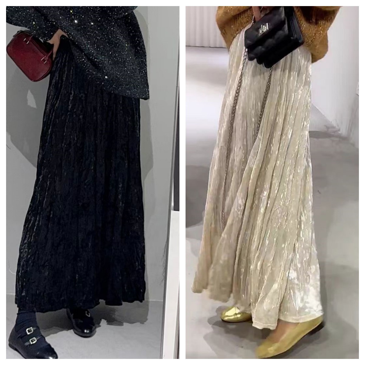 2025 New Pleated Velvet Skirt Women's Autumn and Winter A-Line Skirt Versatile Mid-Length Elegant Slimming Look Skirt