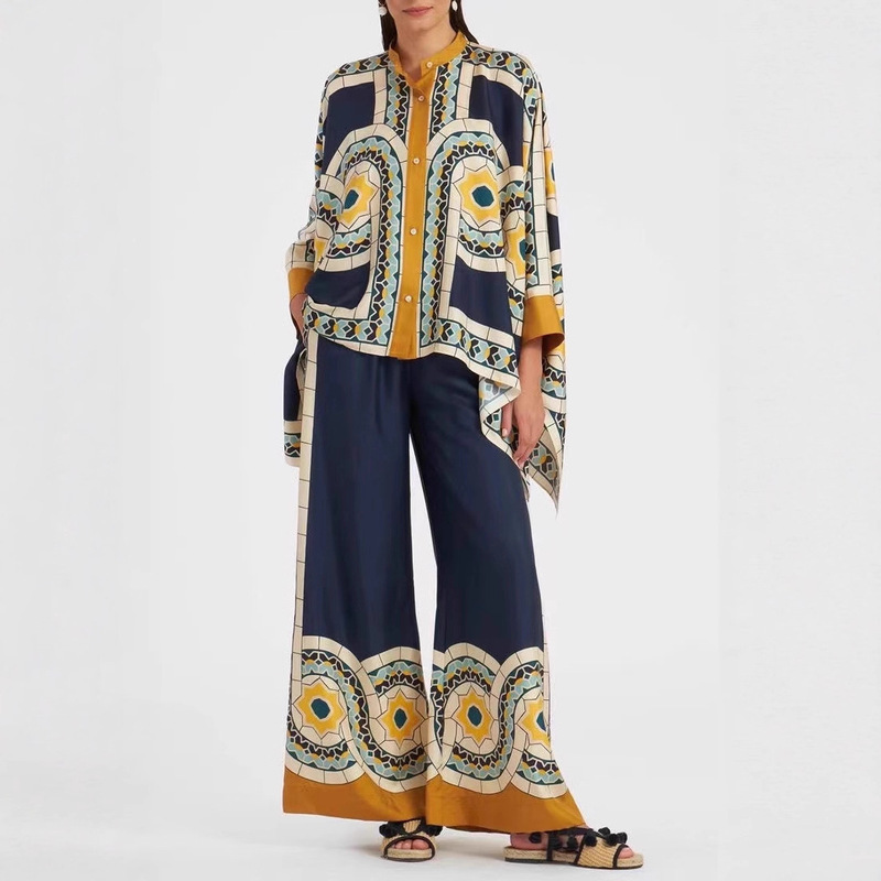 2025 Amazon Independent Site European and American Cross-Border Fashion Women's Stand-Up Collar Asymmetrical Top and Pants Suit Two-Piece Set