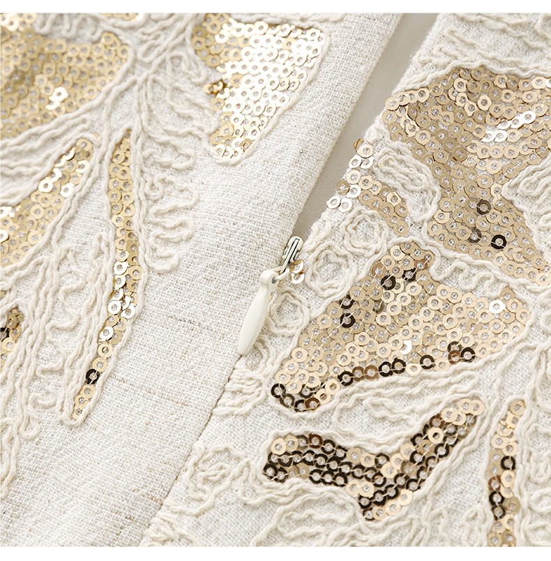 Váy ngắn tay nữ cổ tròn thêu sequin nặng phong cách phương Tây — Màu be chi tiết 17