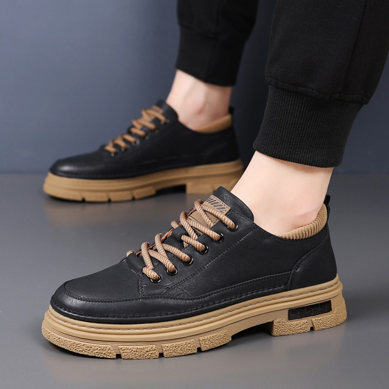 Giày da nam đế dày phong cách retro, mũi tròn, thủ công, đa năng — PZ6665 Kaki, PZ6665 màu đen