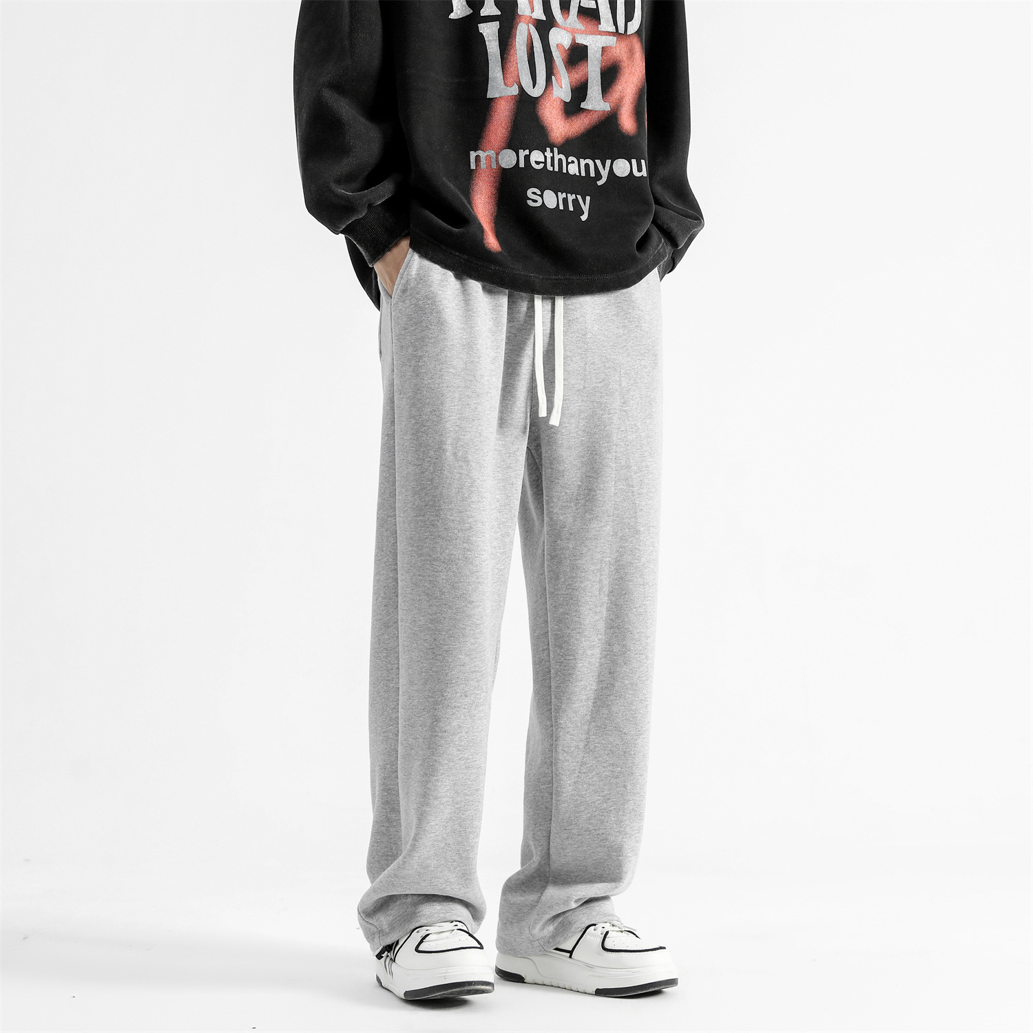 Hong Kong style drawstring jogger floor-length loose straight leg casual pants men's open-fit long pants sports pants unisex