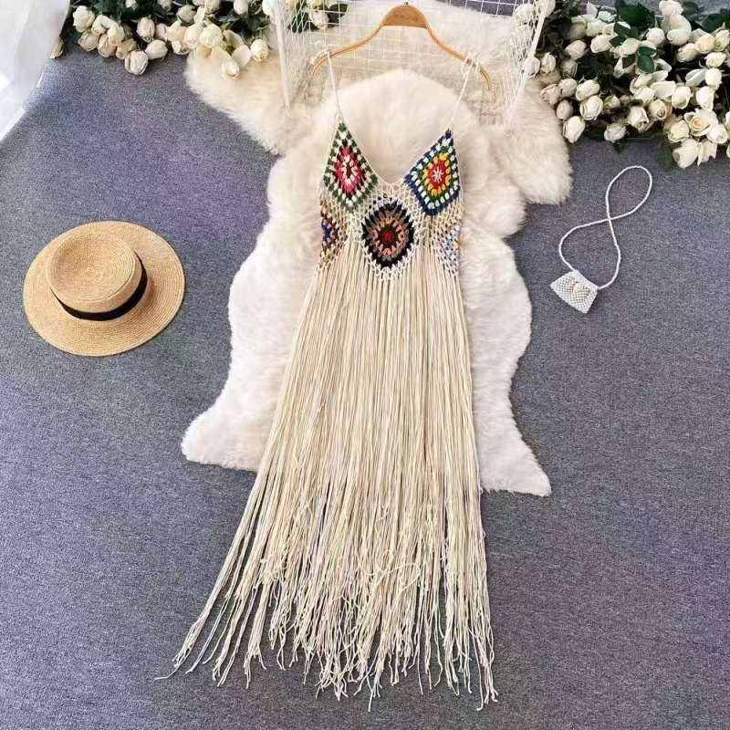 Summer Retro Ethnic Style Bohemian Seaside Vacation Handmade Crochet Lace-Up Tassel Long Suspender Dress