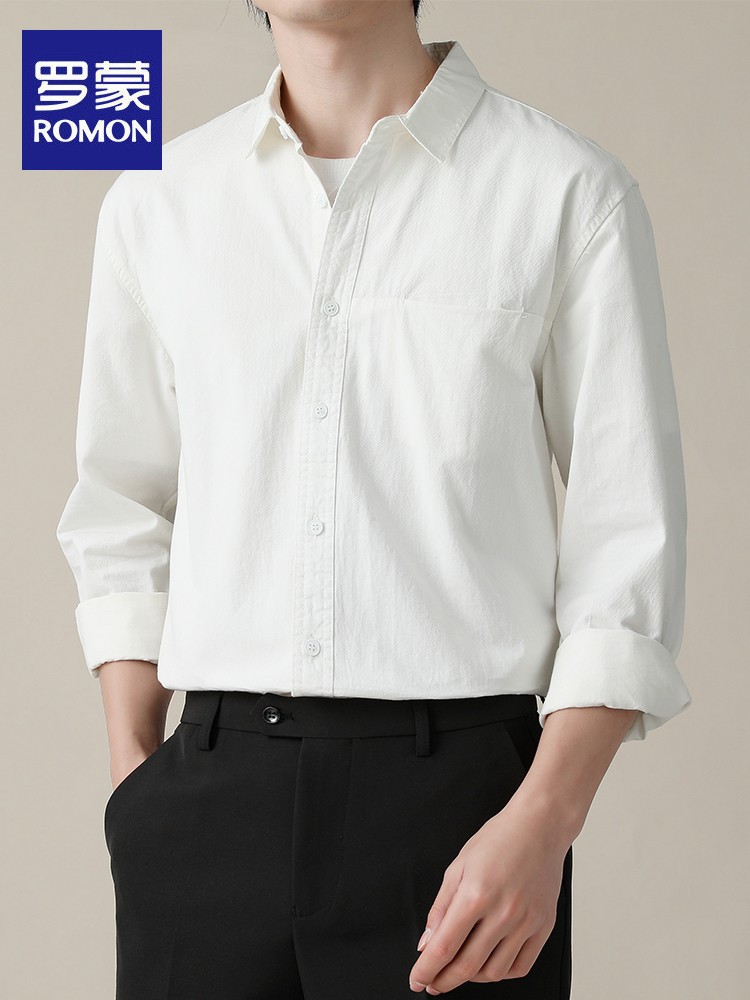 Romon Heavyweight Cotton Shirt Men's Spring and Autum Loose Long-Sleeved Inner Pure White High-End Lapel Shirt Jacket
