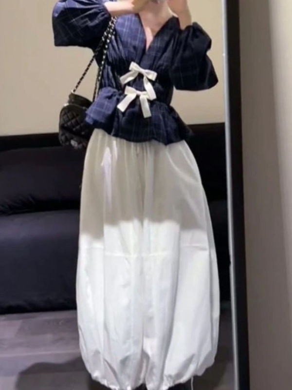 早秋新款韩系穿搭蝴蝶结收腰格纹长袖上衣气质高腰花苞半身裙|undefined