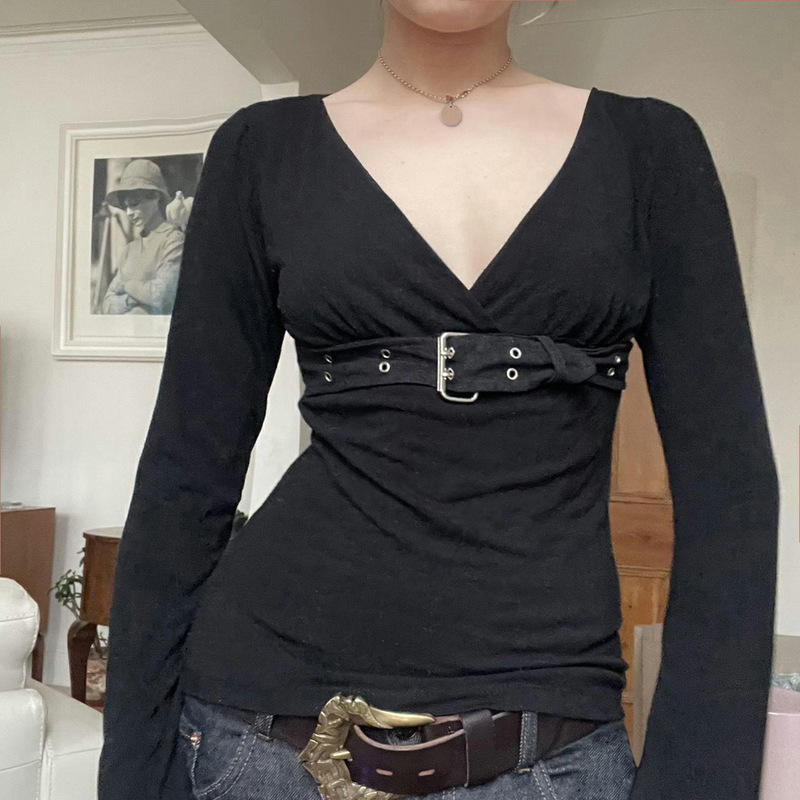Dark Cool Style V Neck Eyelet Metal Buckle Waist Trumpet Long-Sleeved T-Shirt Street Sexy Versatile Personalized Top for Women Dark Cool Style V Neck Eyelet Metal Buckle Waist Trumpet Long-Sleeved T-Shirt Street Sexy Versatile Personalized Top for Women