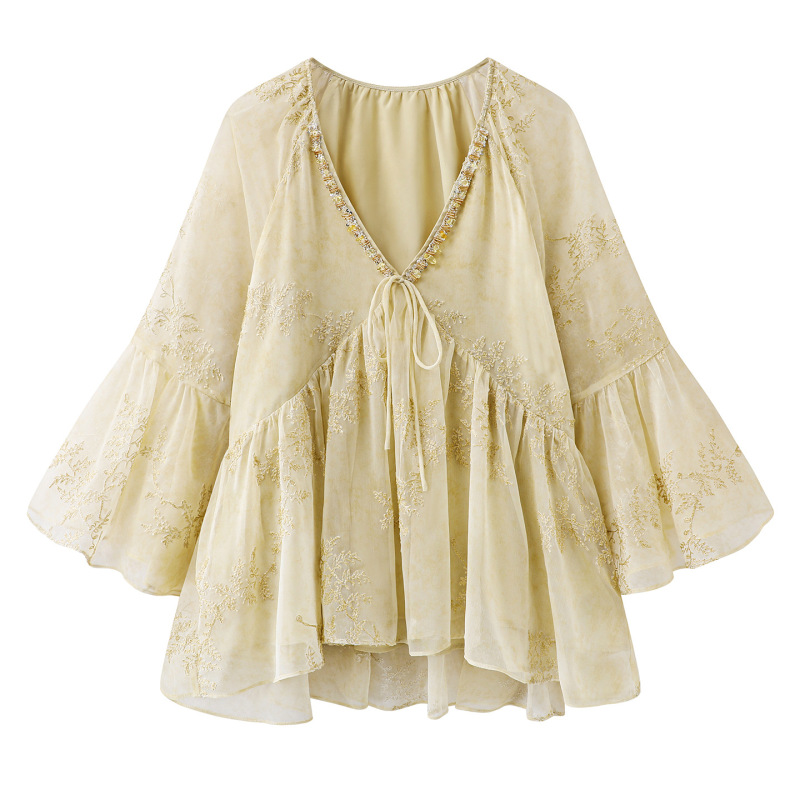 Fragrant-Style Women's French Floral V-Neck Chiffon Shirt 2026 Summer New Doll Shirt with Ruffles, Stunning Top