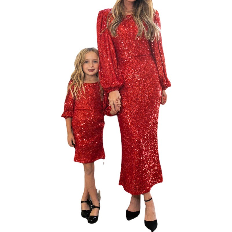 Navidad lentejuelas falda Comercio exterior Navidad padre-niño traje europeo y americano brillante lentejuelas manga larga slim fit vestido su2681