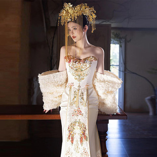 Champagne-Colored Xiuhe Wedding Dress, High-End Wedding Gown 2025 New Chinese-Style Bridal One-Shoulder Toast Dress, Heavy Craftsmanship