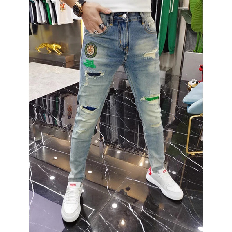 2022 summer new fashion youth fashion ripped skinny jeans men's slim Korean fashion brand trousers