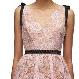欧美sp 新款裸粉色V领玫瑰花蕾丝网纱名媛气质分层式短款连衣裙