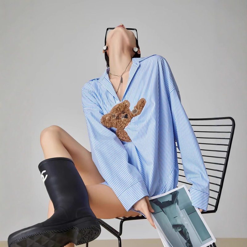 Blue Striped Bear Patchwork Long-Sleeve Shirt for Women, Loose Fit, 2026 Design, Unique and Stylish Top