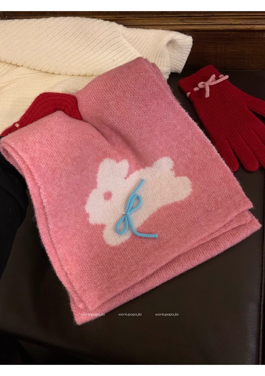 Winter 2024 New Warm Knitted Female Cute Rabbit Bow Leisure Outdoor Windproof and Cold resistant Scarf_voghion.com