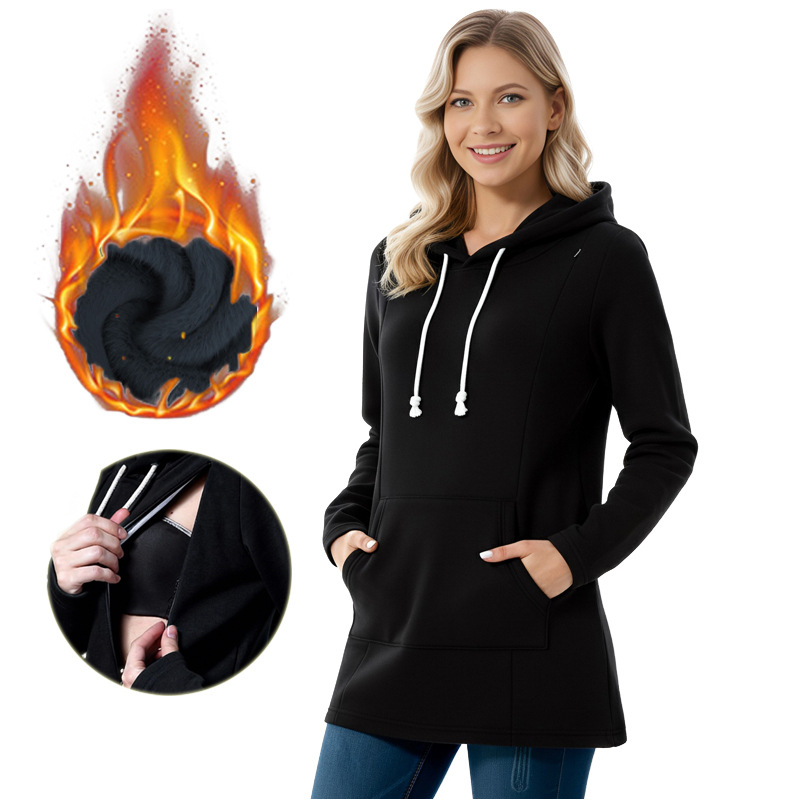 Bestseller Fleece-Lined Thickened Outer Nursing Solid Color Hooded Drawstring Sweatshirt Top Winter Warm Maternity Wear ALYCExiyuebaobao_voghion.com