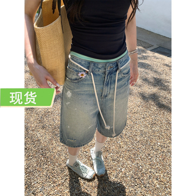 Ouyang'Jian Ni' Boys' Denim Outfit! Vintage Low-Waist Denim Shorts with Rope Ties and Splatter Paint Ouyang'Jian Ni' Boys' Denim Outfit! Vintage Low-Waist Denim Shorts with Rope Ties and Splatter Paint