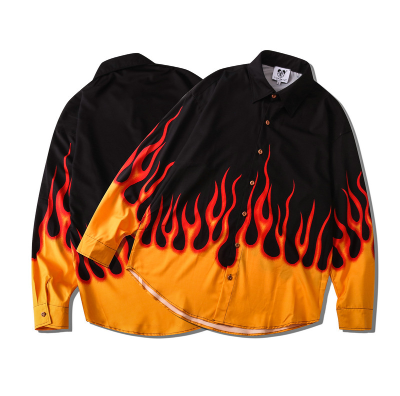 Autumn and Winter Hip Hop Street Fashion Brand Men's and Women's European and American Couple Same Flame Printing Loose Lapel All-match Long-sleeved Shirt
