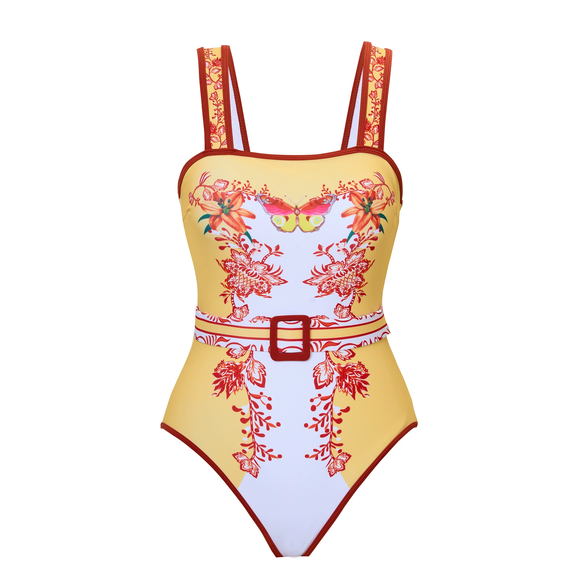 One-Piece Swimsuit (Qiao Jiayuan) 2025 Retro Style with Wrap Skirt, Crane Print, S–XL & One Size