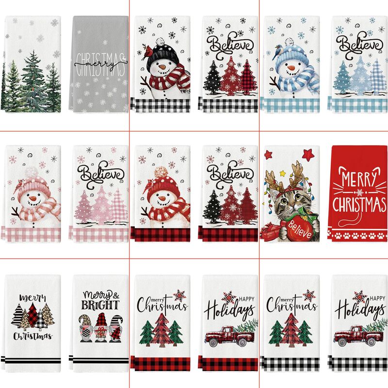 Cross-Border Amazon Best-Selling Christmas Pattern Printed Dish Towels Holiday Elements Kitchen Dish Towels 2 Pack