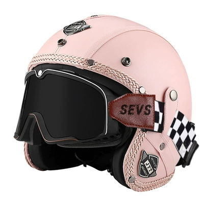 Men's and Women's Motorcycle Leather — Motorcycle Safety Supplies - 555-leather-helmet-pink-large-frame-goggles-black-mirror-s