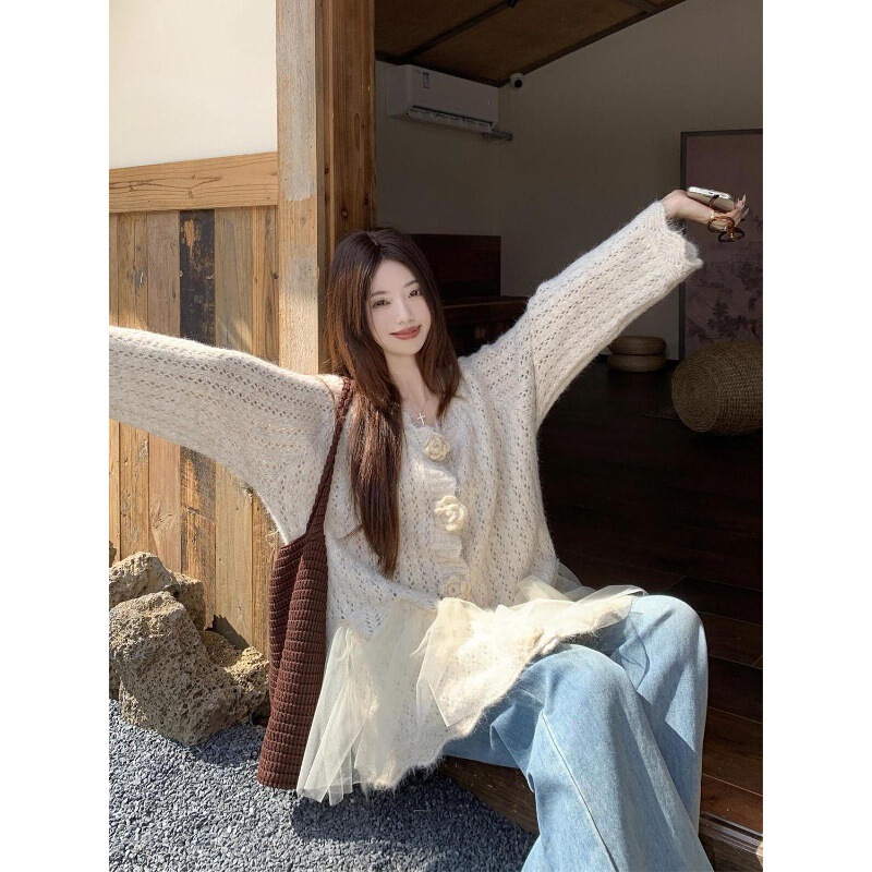 2025春秋季女装法式纯色立体花朵长袖毛衣小众别致百搭宽松上衣潮|undefined