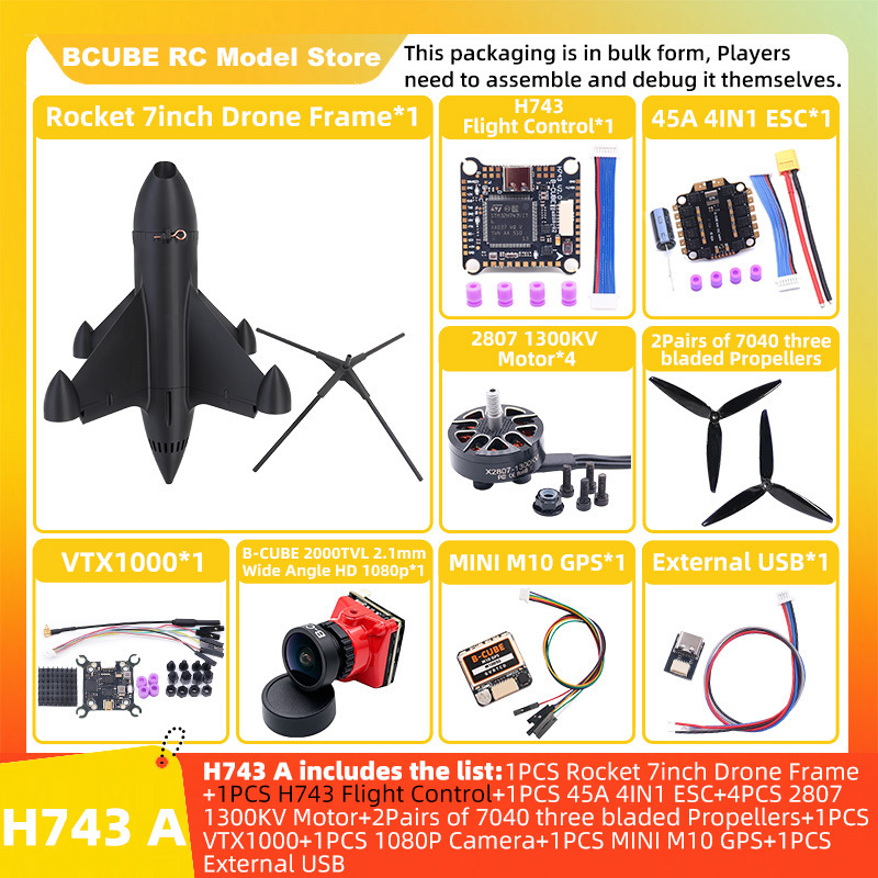 Bocube Orange/Black Rocket 7inch FPV Drone Kit Carbon Fiber Quadcopter H743 Package A Bocube Orange/Black Rocket 7inch FPV Drone Kit Carbon Fiber Quadcopter H743 Package A