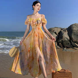 海边度假荷叶边一字肩吊带连衣裙漂亮气质独特超好看法式长裙子夏