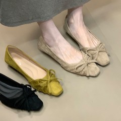 法式晚晚风温柔鞋百搭一脚蹬浅口小方头坡跟蝴蝶结通勤绒面单鞋女