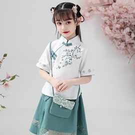 女童汉服儿童古装2024新款中国风棉麻短袖12岁女孩套装夏季旗袍裙
