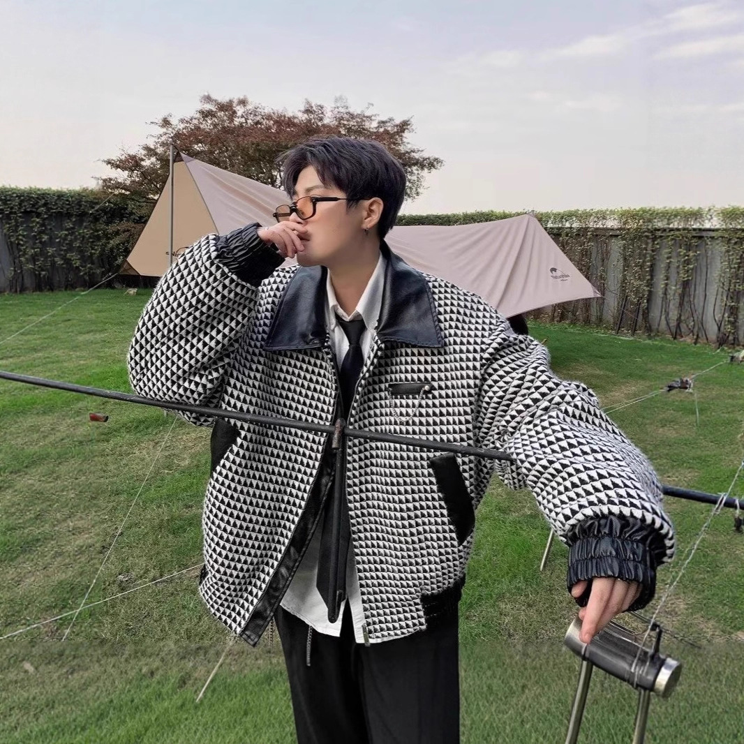 Trendy And Versatile Men's And Women's Diamond Patterned Jacket, Men's Patchwork Loose And Cool Jacket_voghion.com